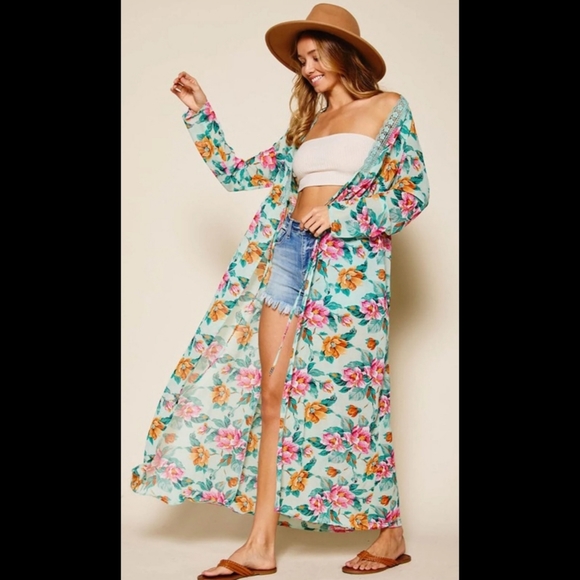 Lightweight boho floral lace trim self tie long kimono duster cardigan jacket - Picture 6 of 15